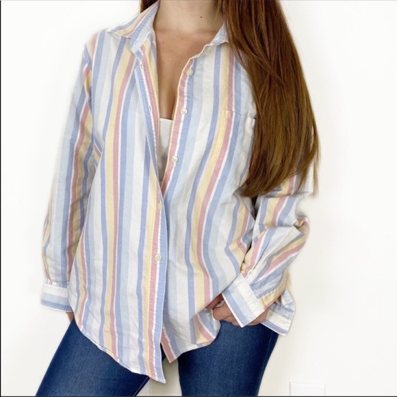 LL BEAN Pastel Striped Oxford Button Down Shirt Shacket Vintage 90’s - Picture 2 of 8